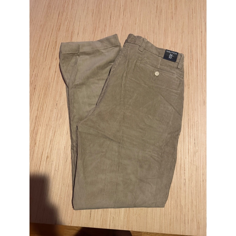 Nautica Mens Corduroy Pants 34x32 Pleated Straight Leg Light Khaki Tan NWT 44